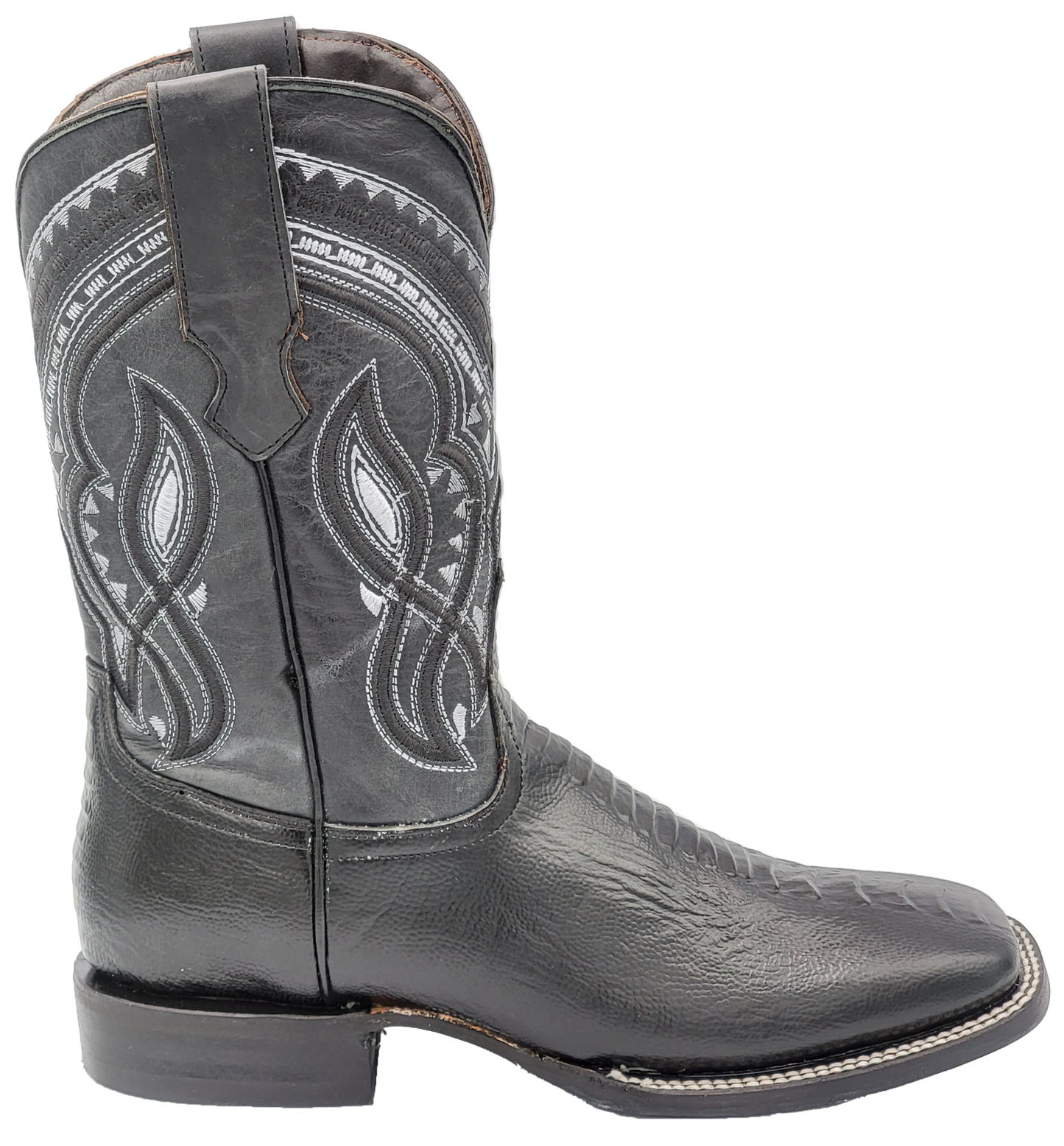 Silverton Ostrich Leg Print Leather Wide Square Toe Boots (Black)