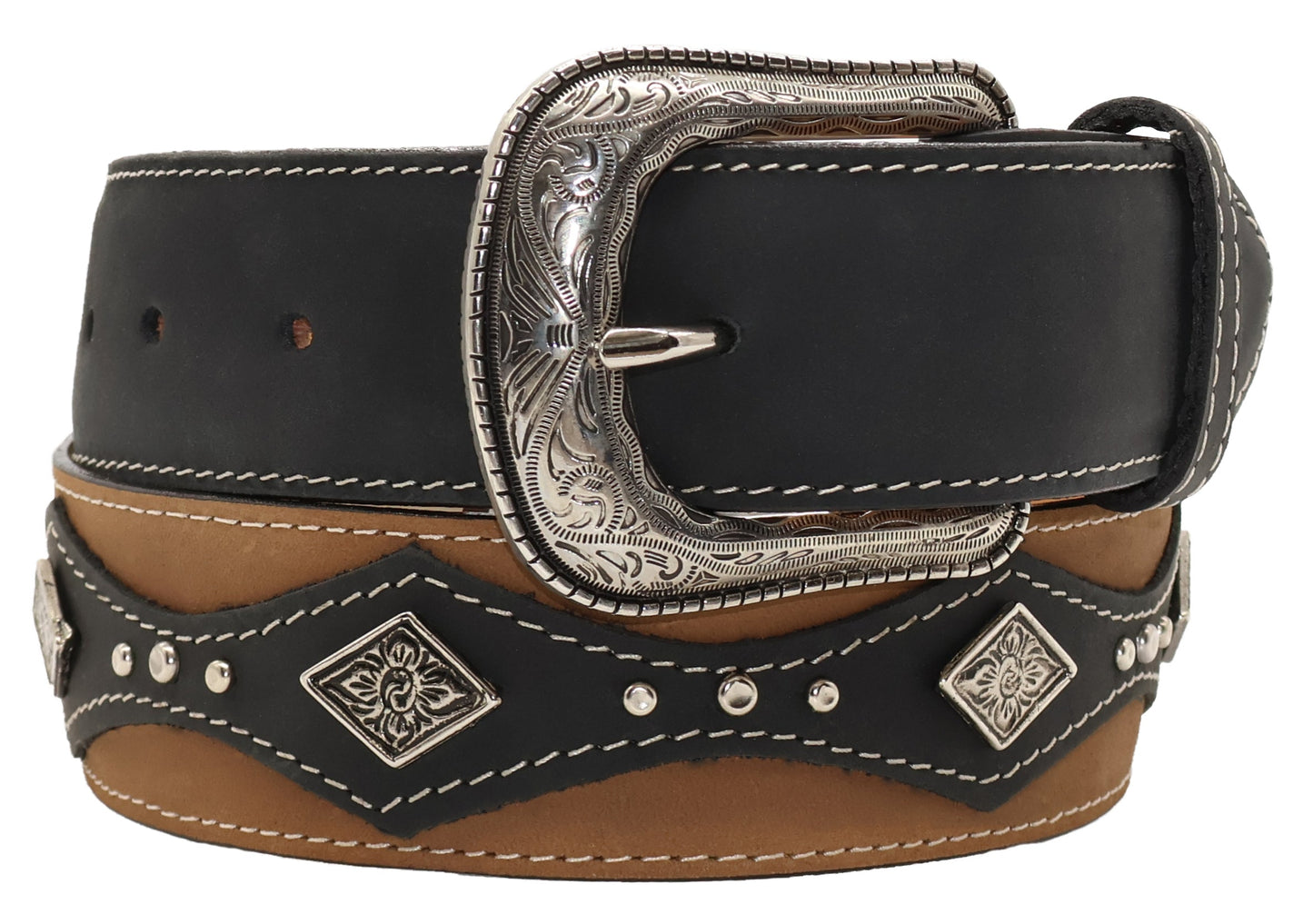 Silverton West Concho 5D All Leather Studded Belt (Black/Tobacco)
