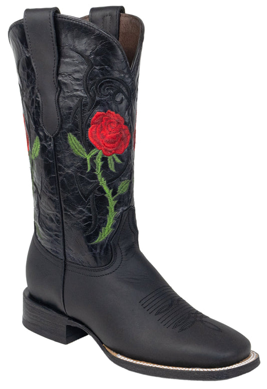 Silverton Rose All Leather Wide Square Toe Boots (Black)