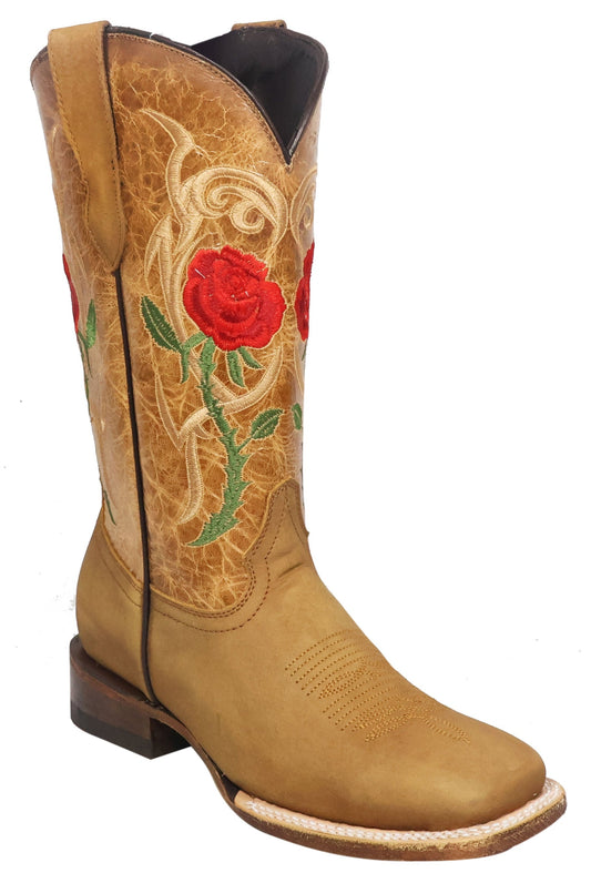 Silverton Rose All Leather Wide Square Toe Boots (Honey)