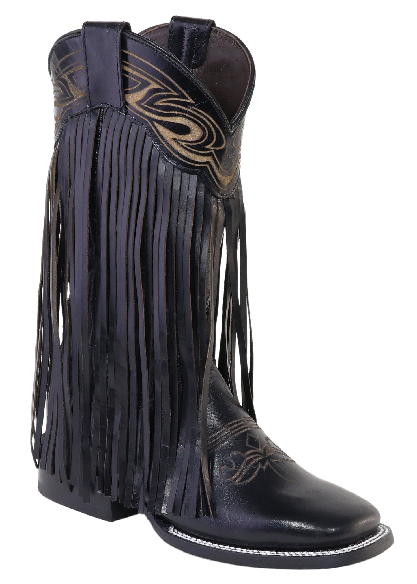 Silverton Chloe Fringe All Leather Wide Square Toe Boots (Black)