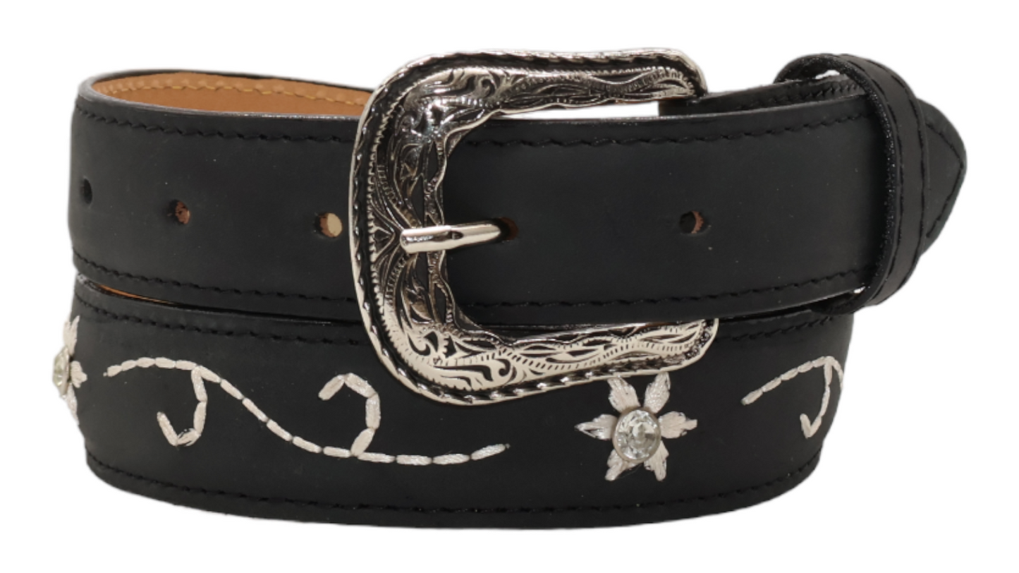 Silverton Flower Diamond All Leather Western Belt (Black)