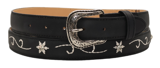 Silverton Flower Diamond All Leather Western Belt (Black)