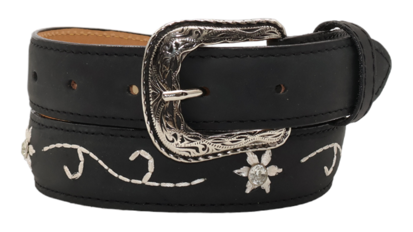 Silverton Kids Flower Dia All Leather Western Belt (Black)