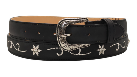 Silverton Kids Flower Dia All Leather Western Belt (Black)