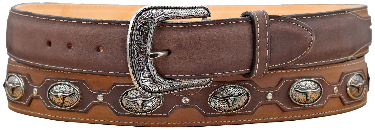 Silverton Longhorn Conchos All Leather Belt (Brown/Tobacco)