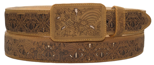 Silverton Laser Cut Rooster All Leather Belt (Honey)