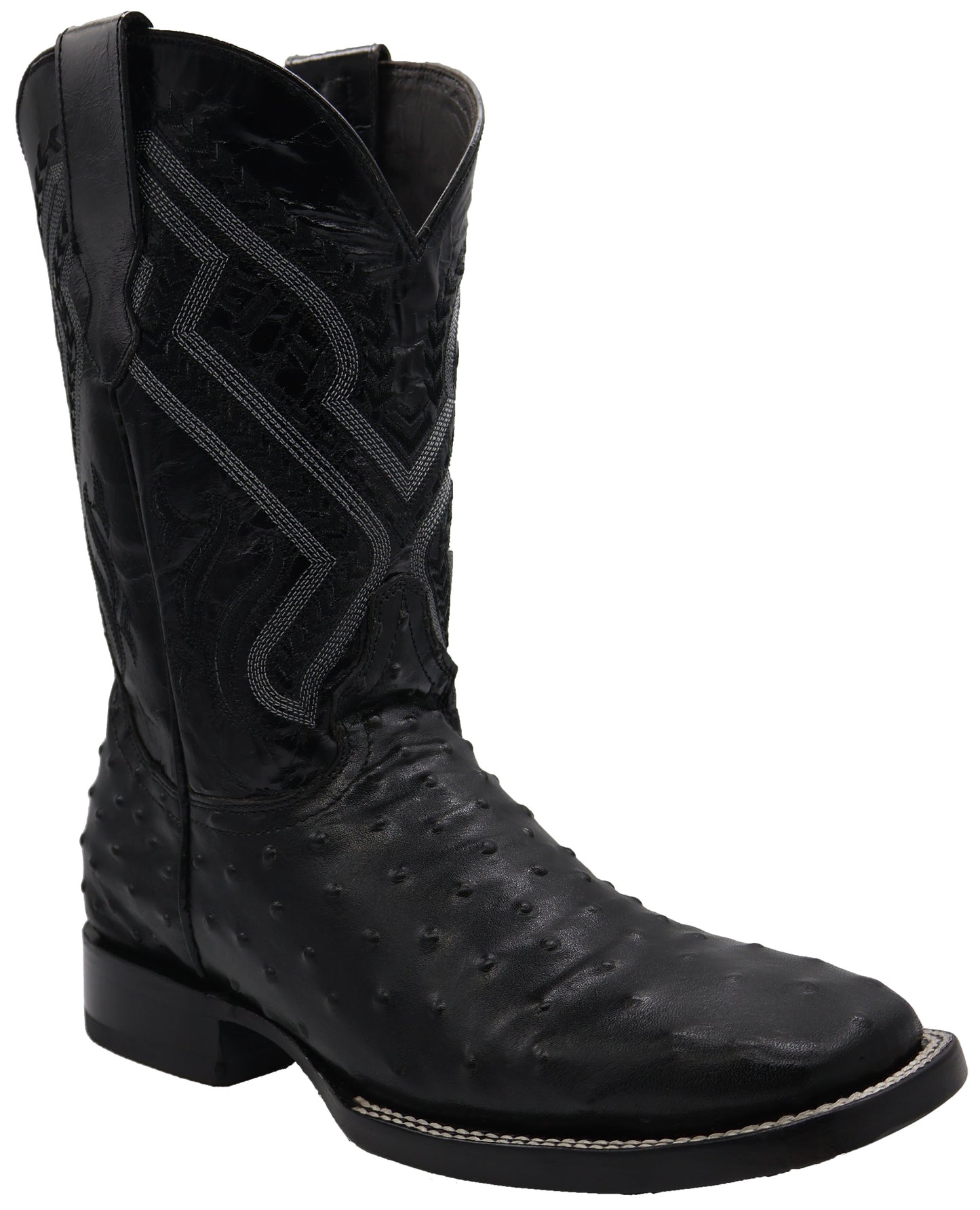 Silverton Ostrich Print All Leather Wide Square Toe Boots (Black)