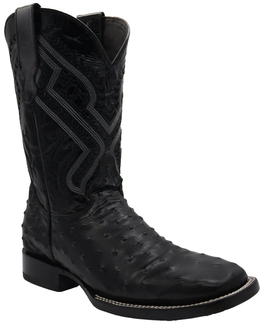 Silverton Ostrich Print All Leather Wide Square Toe Boots (Black)