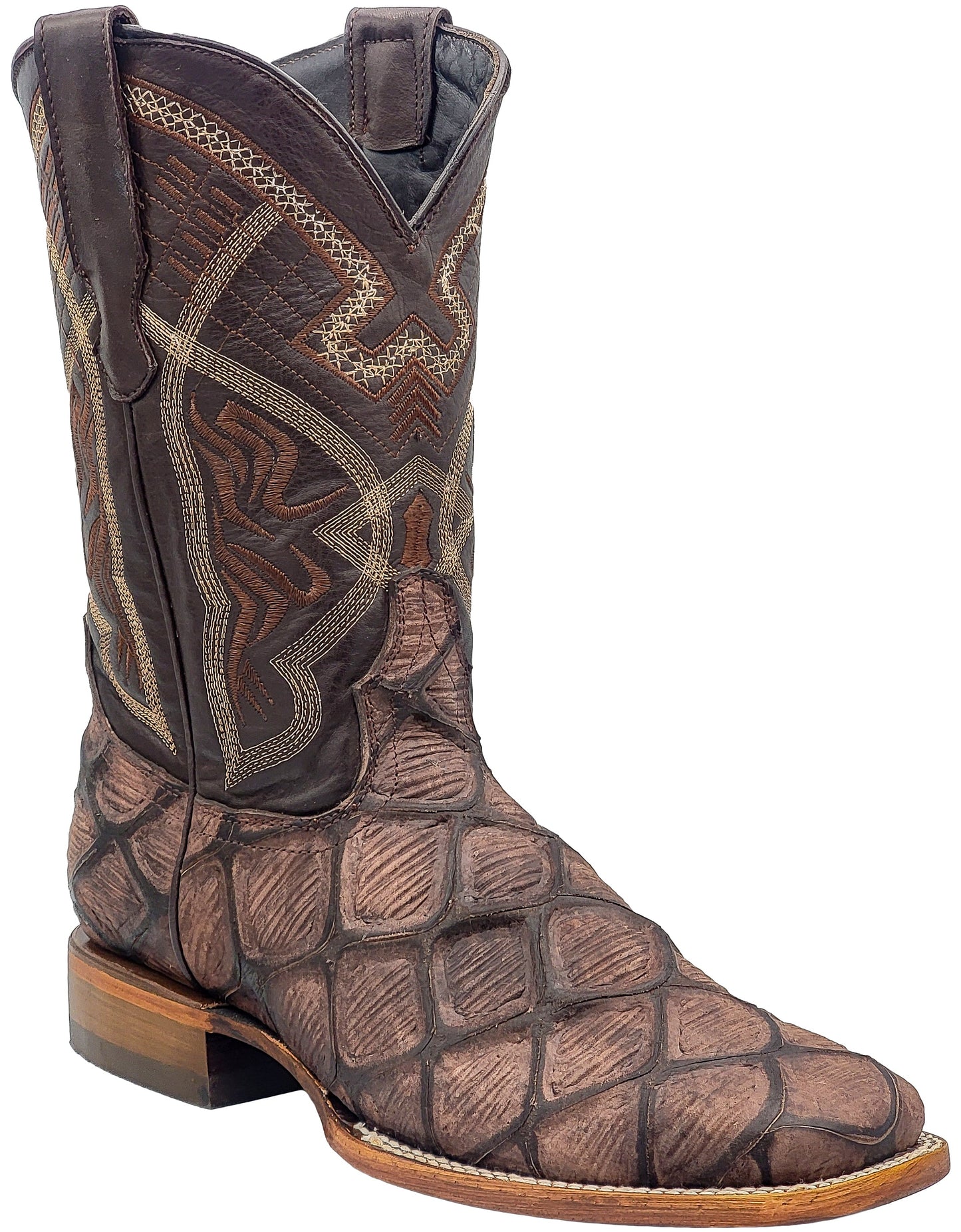 Silverton Pirarucu Mate Print Leather Wide Square Toe Boots (Brown)