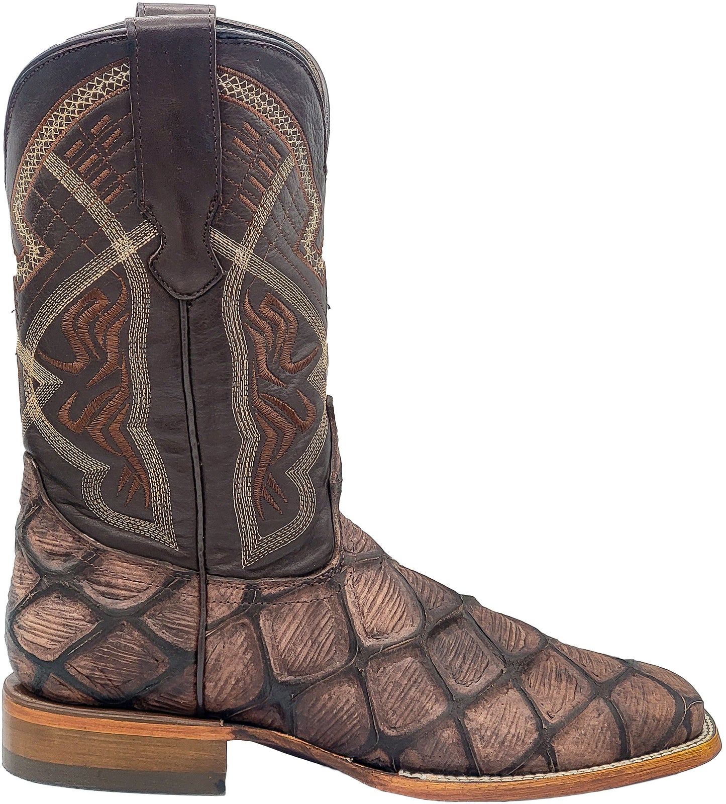 Silverton Pirarucu Mate Print Leather Wide Square Toe Boots (Brown)