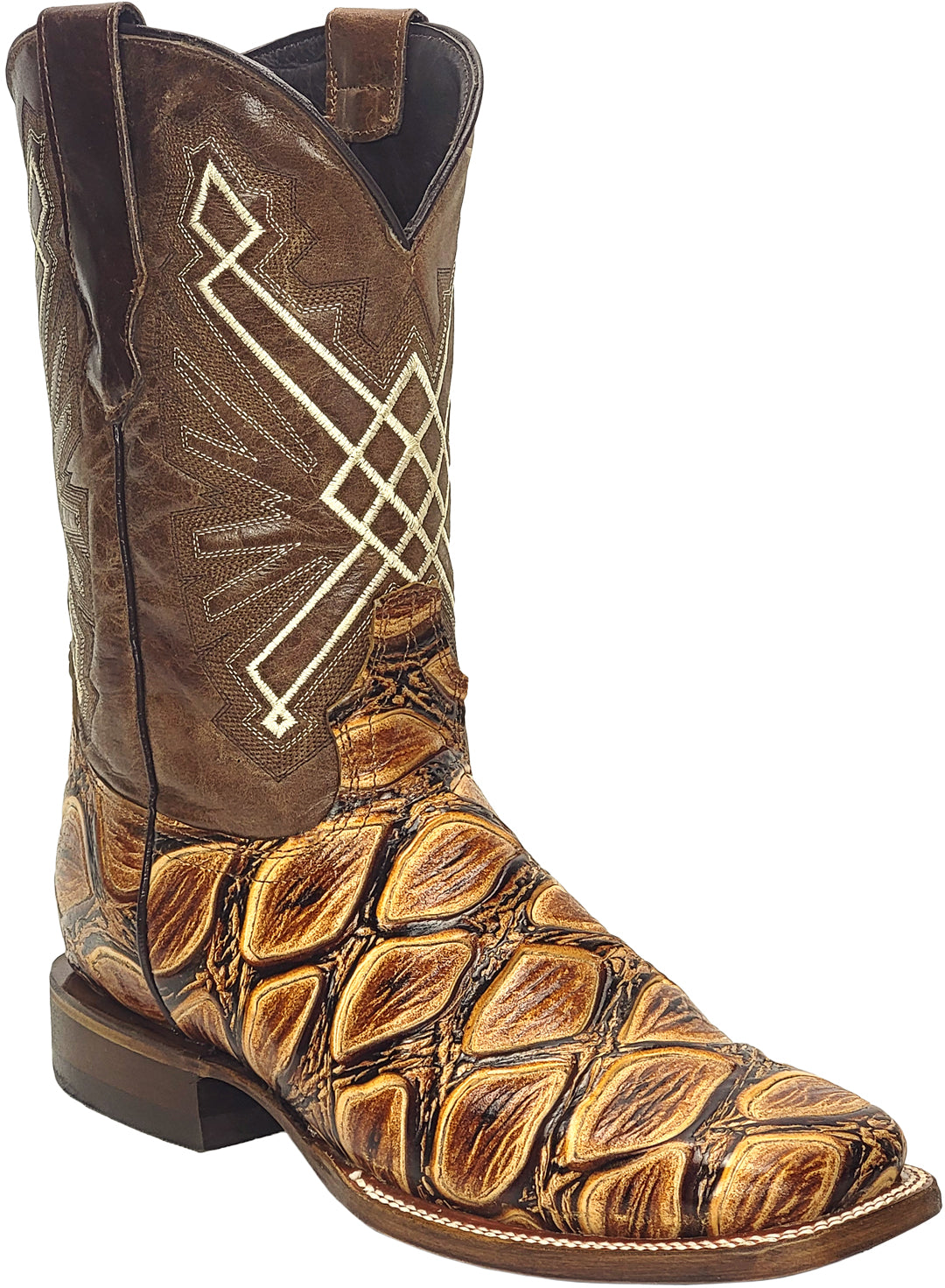 Silverton Pirarucu LG Print Leather Wide Square Toe Boots (Honey)