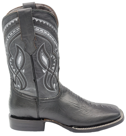 Silverton Ostrich Leg Print Leather Wide Square Toe Boots (Black)