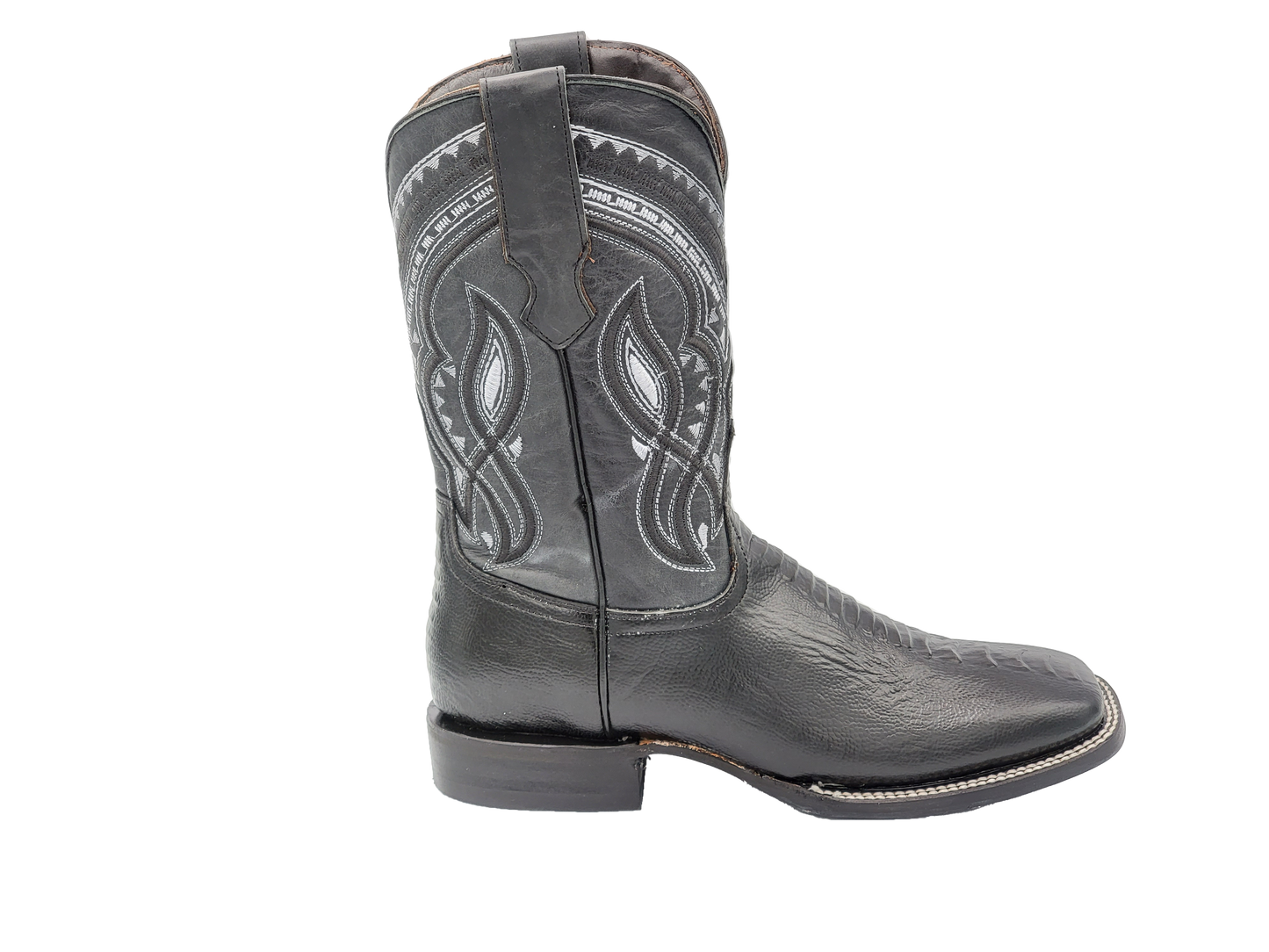 Silverton Ostrich Leg Print Leather Wide Square Toe Boots (Black)