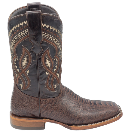 Silverton Ostrich Leg Print Leather Wide Square Toe Boots (Brown)