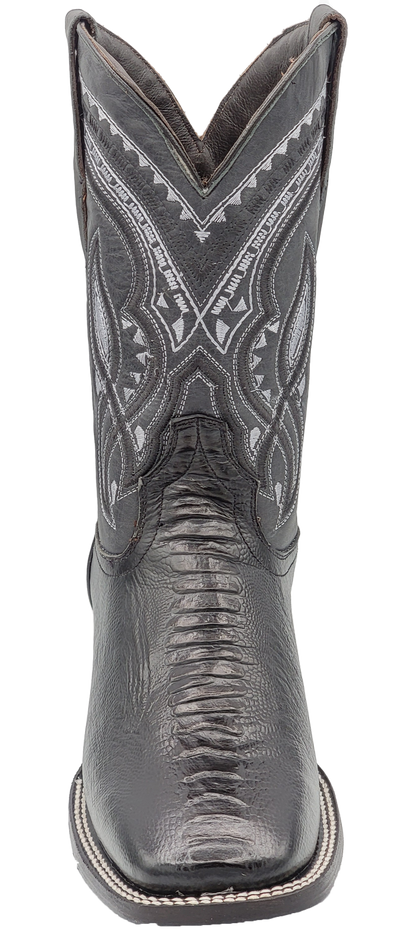 Silverton Ostrich Leg Print Leather Wide Square Toe Boots (Black)