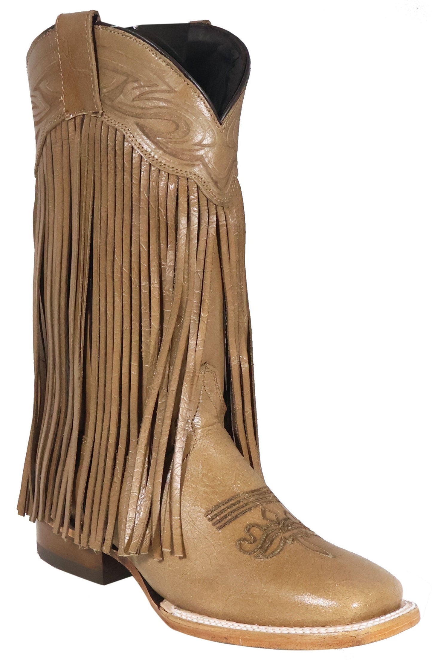 Silverton Chloe Fringe All Leather Wide Square Toe Boots (Beige)
