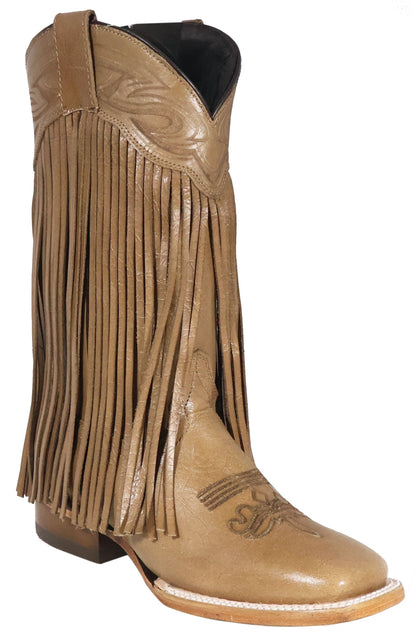 Silverton Chloe Fringe All Leather Wide Square Toe Boots (Beige)