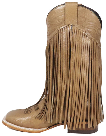 Silverton Chloe Fringe All Leather Wide Square Toe Boots (Beige)