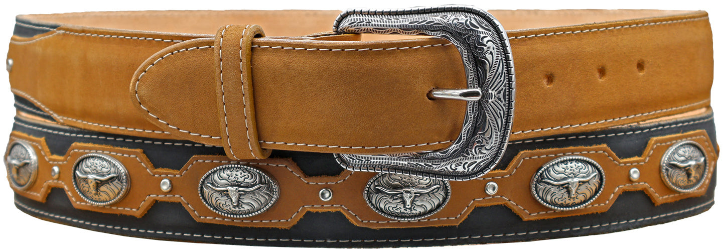 Silverton Conchos Longhorn All Leather Belt (Honey/Black)