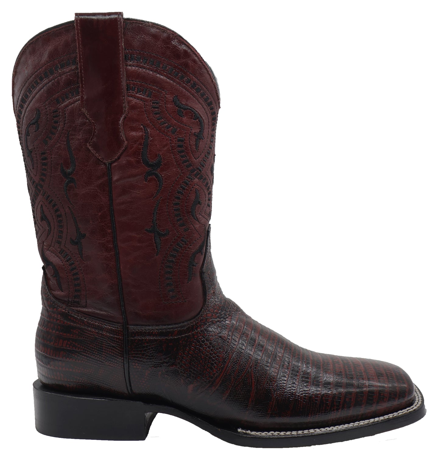 Silverton Lizard Print Leather Wide Square Toe Boots (Cherry)