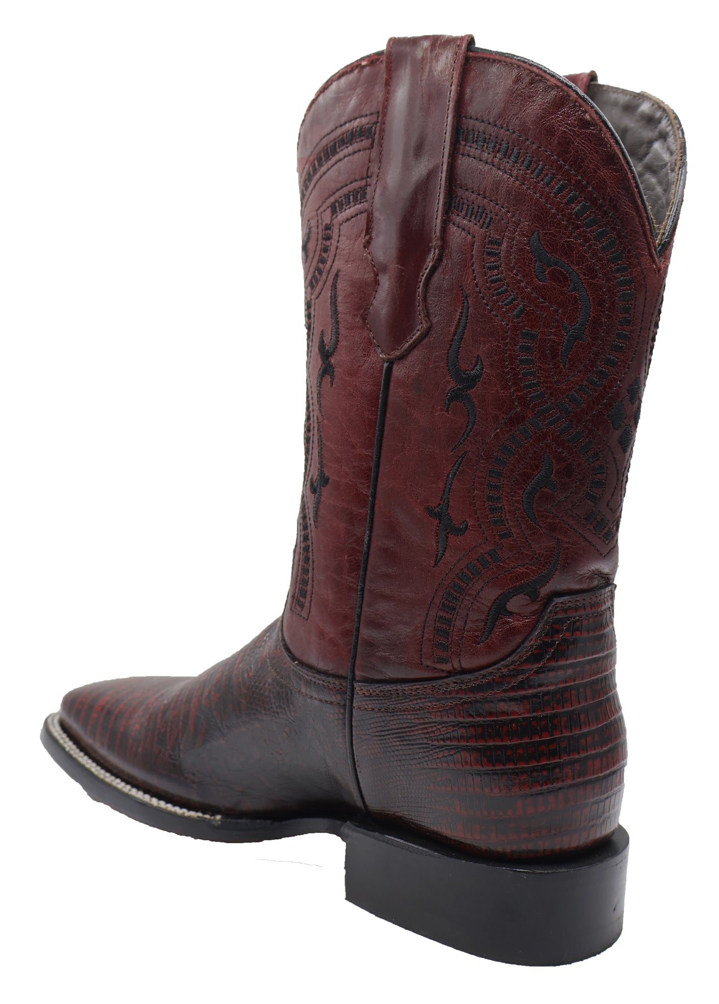 Silverton Lizard Print Leather Wide Square Toe Boots (Cherry)