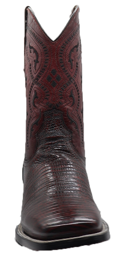 Silverton Lizard Print Leather Wide Square Toe Boots (Cherry)