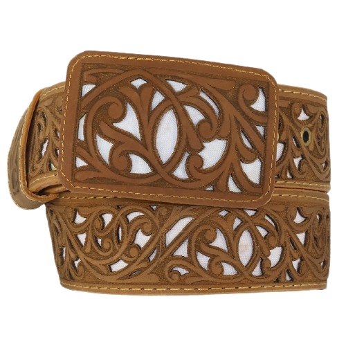 Silverton Laser Cut All Leather Belt (Honey/White)