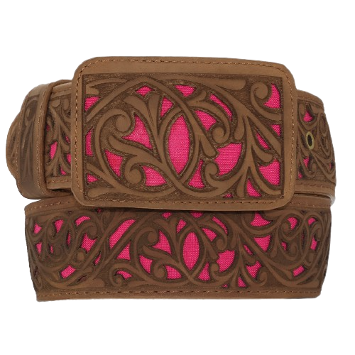 Silverton Laser Cut All Leather Belt (Choco/Pink)