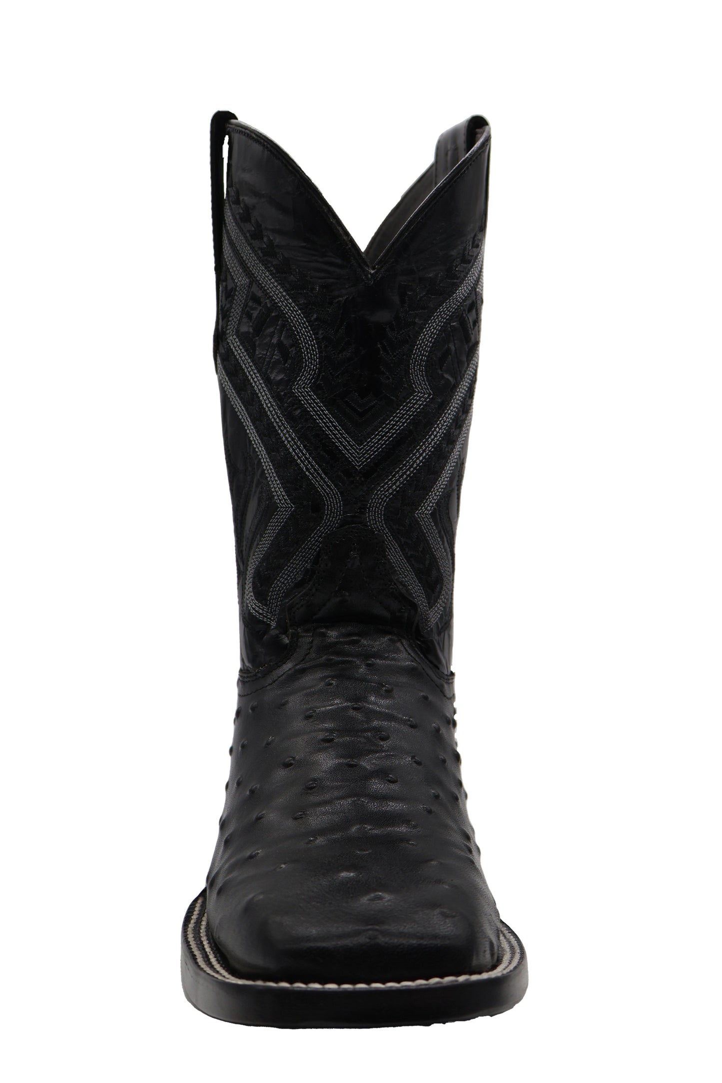 Silverton Ostrich Print Leather Wide Square Toe Boots (Black)