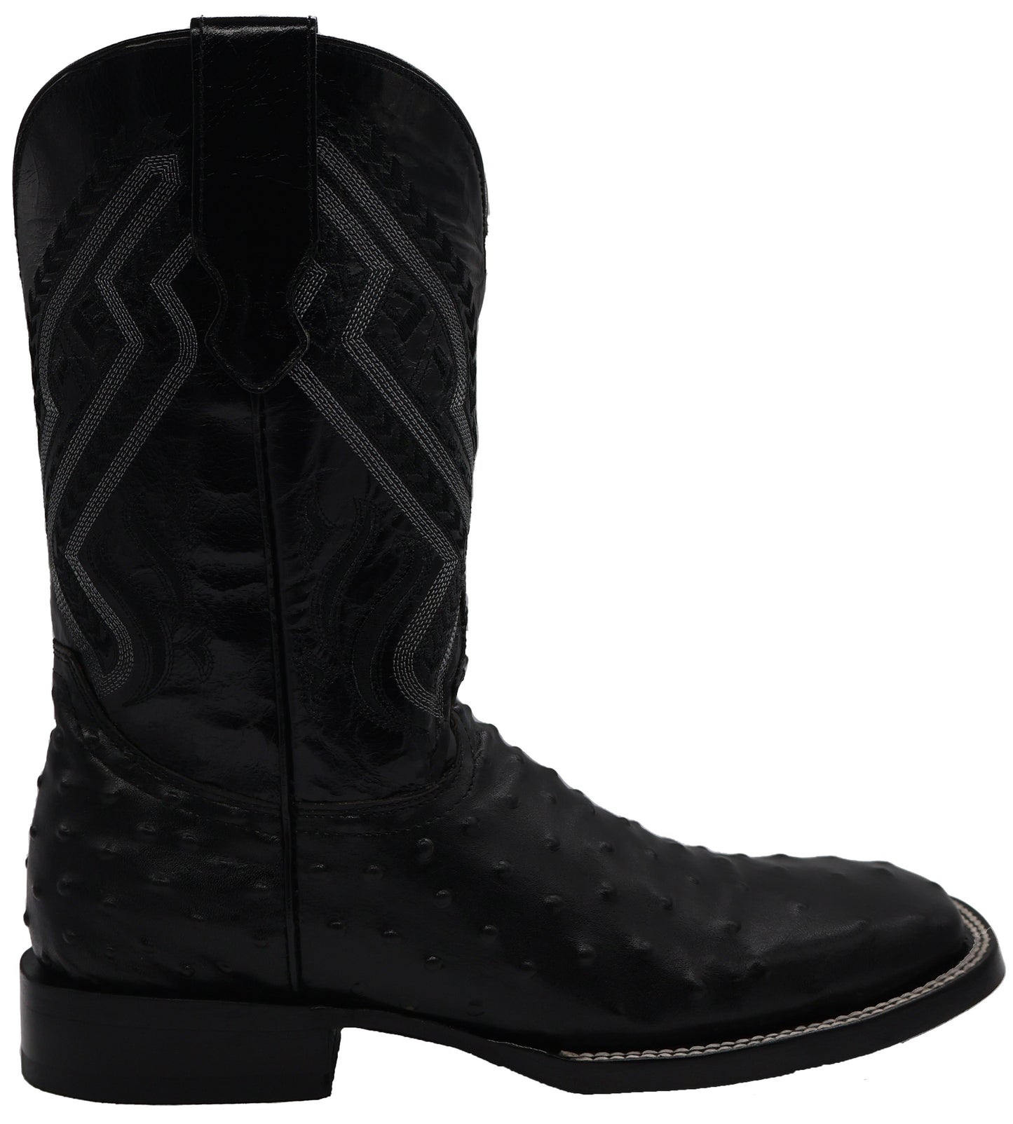 Silverton Ostrich Print Leather Wide Square Toe Boots (Black)